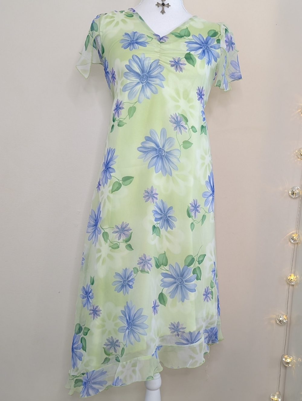 Vintage Asymmetrical Pastel Green Dress with Blue Floral Print